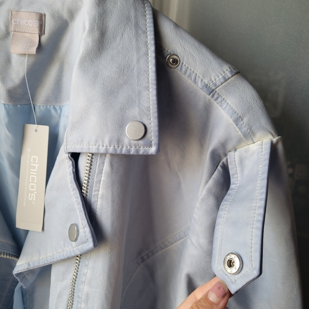 Chico's Jacket 3 Light Blue Faux Leather Zip Cafe Racer Motorcycle Biker Women 3 - Picture 6 of 12